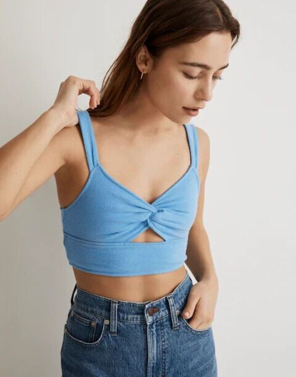Madewell XS Cutout Crop Tank Top Oasis Blue Knot Front Sweetheart Neckline NWT